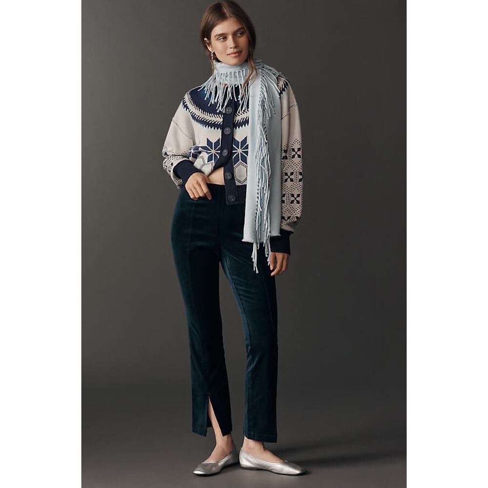NWT Maeve Anthropologie High Rise Split Front Velvet Skinny Pants Ocean Blue M